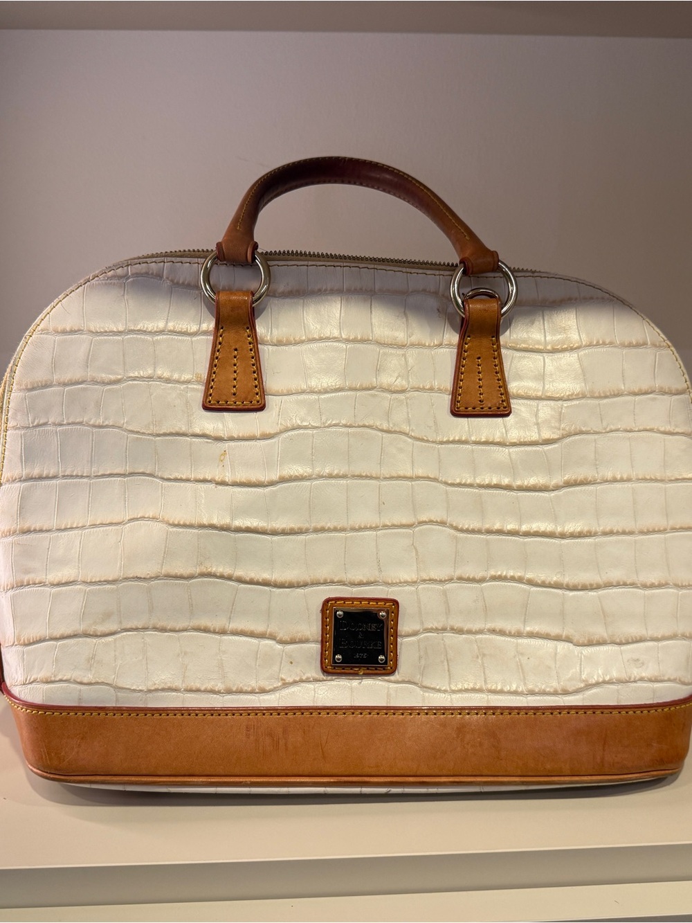 Dooney & Bourke Cream Croc-Embossed Satchel with Tan Trim